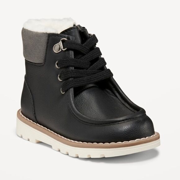 Old Navy Faux-Leather Lace-Up Sherpa-Lined Boots for Toddler Boys size 11 - Picture 1 of 8